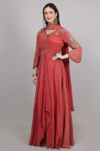 Colección Glam Étnica de Moda, Vestido de Diseñador de 3 Piezas para Mujer, Color Ladrillo, con Cuentas de Lentejuelas y Bordado - Product Image 6