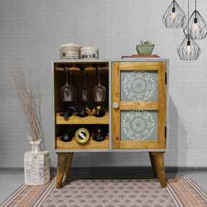 Mueble Moderno para Vino de Madera Maciza de Mango con 4 Compartimentos y Soporte para Copas, Armario de Almacenamiento de Bar de Madera Artesanal Duradero y Independiente - Product Image 1