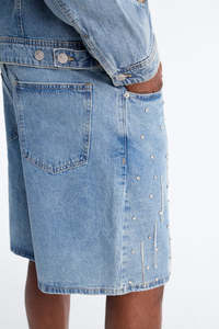 Lupin Felt Denim Manufacturer Custom Double Waist <b>Knees</b> Diamonds Rhinestone Baggy Cargo Jeans Denim Shorts Men's Shorts - Product Image 2
