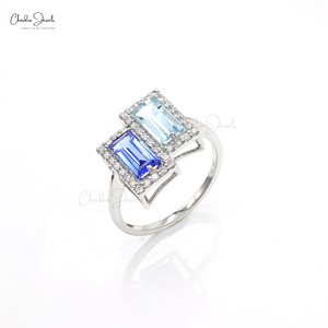Anillo llamativo de tanzanita y aguamarina con corte baguette natural de 8x4mm y halo de diamantes en oro blanco macizo de 14k, proveedor mayorista - Product Image 3
