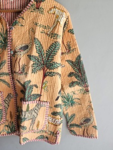 Veste matelassée pour femme, imprimé animal, coton tissé, manches trois quarts, col rond, poche plaquée, style été, cadeau pour elle - Product Image 3