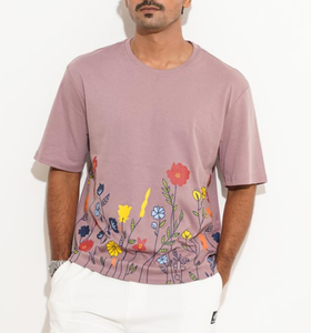 T-shirt pour homme à imprimé floral, coupe ample et épaules tombantes, en tissu tricoté respirant épais 240 GSM 100% coton, logo personnalisé OEM - Product Image 2