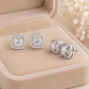 Boucles d'oreilles clous de luxe géométriques en argent plaqué Tai, serties de moissanite étincelante taille brillant avec halo, pour femme, style mariage - Product Image 5