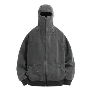 Sudadera con Capucha Balaclava de Algodón Ligero con Cremallera Gris, Diseño de Logotipo Personalizado, Bordado de Alta Calidad, Estilo Ninja Streetwear - Product Image 2