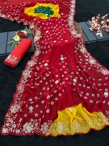 Elegante Saree de Georgette Estampado con Exquisito Bordado y Blusa de Seda Mono de Diseñador con Bordado Intenso - Product Image 5