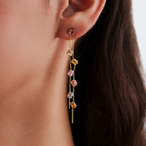 Pendientes Largos Colgantes de Oro Amarillo Real de 14K con Diseño Exquisito y Elegante, Bisel de Piñón y Cadena de Doble Eslabón con Múltiples Zafiros - Product Image 6