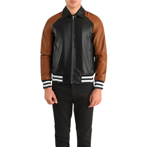 Veste bomber en cuir véritable noir et marron pour homme, col rabattu, fermeture éclair, style varsity - Product Image 5