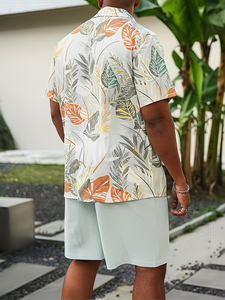 Men's 100% Cotton Satin Quick Dry Short-Sleeve Shirt Drawstring Shorts Set Solid Beach Style Swim Trunks Summer Outfit 180g - Product Image 5