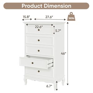 Commode moderne à 5 tiroirs pour chambre à coucher, armoire en bois massif avec finition peinte en blanc et fonctionnalités d'organisation - Product Image 5