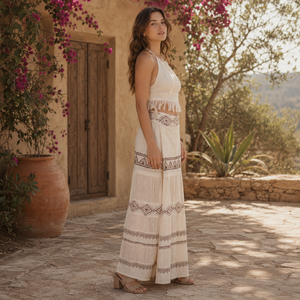 Ensemble coordonné pour femme, style bohème, en coton à franges, comprenant un crop top dos nu et un pantalon palazzo à jambes larges, à motifs géométriques tribaux, pour festival, resort, plage, été - Product Image 4