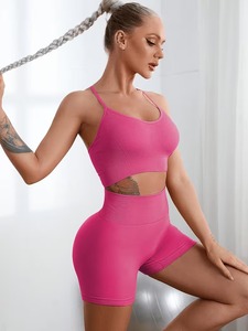 Seamless Breathable Lightweight Two Piece Fitness Outfit Open Back Cami Crop <b>Top</b> Ruched Booty Lifting <b>Compression</b> Gym Shorts - Product Image 4