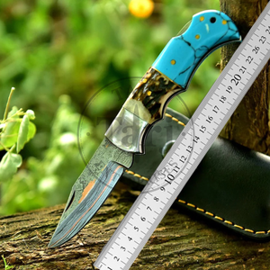 Couteau de poche artisanal en acier Damas Cooper, manche en résine de cerf, lame à pointe tombante, qualité industrielle, couteau pliant de survie pour le camping - Product Image 2