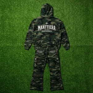 <b>Mens</b> <b>Camo</b> Tracksuit Set Hoodie <b>Cargo</b> Pants Rhinestone Leaf Detail Custom Streetwear Sportswear Matching Outfit - Product Image 5