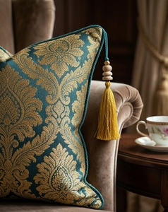 Cojín Decorativo con Borlas y Diseño Damasco en Verde Azulado y Dorado, 100% Rayón, Textil para el Hogar - Product Image 1