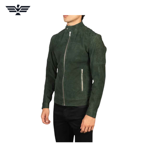 Men's Green Suede Bomber Jacket Stand Collar Zipper Closure Slim Fit Autumn Waterproof <b>Fur</b> <b>Trim</b> Regular Length - Product Image 3