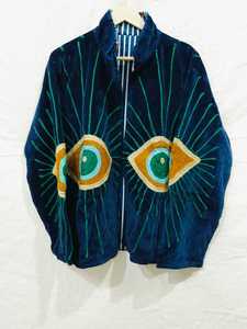Dark Blue Velvet Knitted Suzani <b>Jacket</b> Jaipur Hand Embroidered Evil Eye <b>Women</b> Autumn Winter Breathable Cotton Vintage Boho - Product Image 1