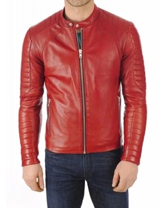Veste moto en cuir véritable rouge pour homme, coupe ajustée, col montant, fermeture éclair, style automne - Product Image 1