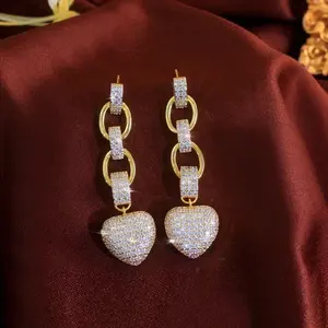Pendientes de Lujo con Moissanita de Corte Brillante en Forma de Corazón, Plata de Ley 925, Cadena Chapada en Oro, Joyería de Boda para Mujer - Product Image 3