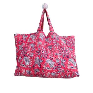 Fourre-tout en coton fait à la main avec bloc imprimé, sac à bandoulière matelassé en coton, sacs à provisions rose, vente en gros - Product Image 1