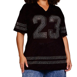 Maillot de football américain tendance personnalisé grande taille avec strass en maille pour femme, col en V oversize, streetwear, haut de sport, fourniture OEM - Product Image 4