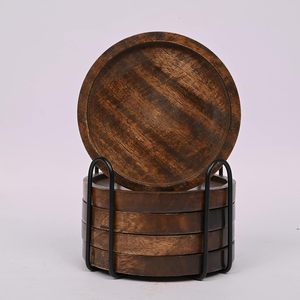 Nordic Wooden <b>Coaster</b> Set Metal Holder | Quick Dry Wood <b>Drink</b> <b>Coasters</b> (100mm Diameter) for Coffee Table Dining Table Home - Product Image 3