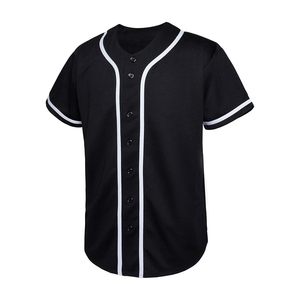 Solid Black Baseball Jersey with White Trim Classic Button Down V Neck Performance <b>Athletic</b> Shirt Uniform - Product Image 2