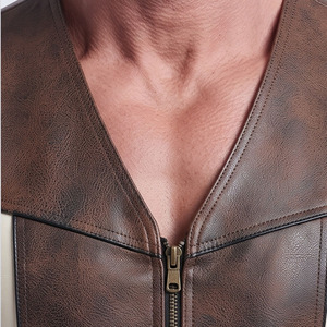 Chaleco de cuero para hombre con cremallera, chaleco de cuero con cordones laterales para hombre, chaleco de cuero con cuello en V para hombre, chaleco de cuero con bolsillos laterales con cremallera para hombre - Product Image 4