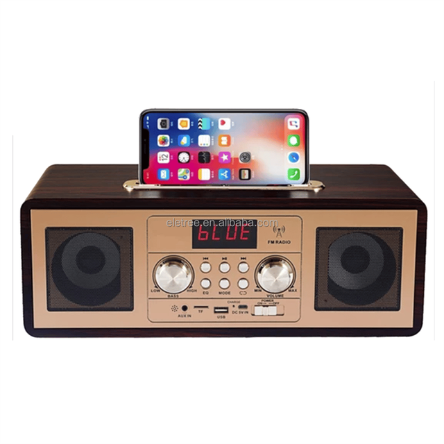 For R-2025BT Retro Wooden & Plastic FM Radio with Phone Holder Digital Display USB TF AUX 20W Stereo Rechargeable BT Speaker