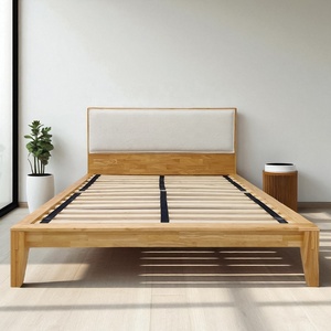 Wholesale B2B Minimalist SolidRubberwood Bed with Upholstered Headboard Japanese Joinery Wooden Beds <b>Frame</b> Eco-Friendly - Product Image 1