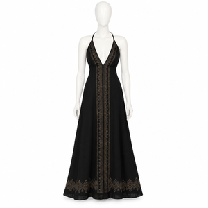 Black 100% Cotton <b>Maxi</b> <b>Dress</b> Deep V Neck Adjustable <b>Strap</b> Embroidered Boho Sleeveless Flowy Casual Beach Vacation Wear Elegant - Product Image 1