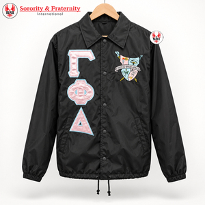 Veste de coach personnalisée Gamma Phi Delta Sorority, matelassée, respirante, légère, logo brodé sur le devant, bleu ciel, rose, manches longues - Product Image 2