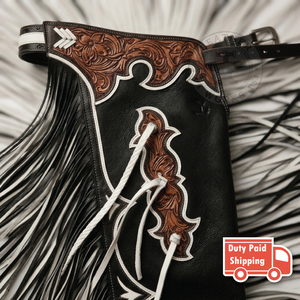 Pantalones de montar de cuero estilo western para hombre con flecos largos, diseño floral repujado y costuras decorativas, ideales para equitación. - Product Image 3