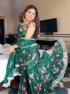 ชุดชาราร่าลายดอกไม้สีเขียวสำหรับผู้หญิง ชุดคุर्ติสายเดี่ยวประดับลูกไม้พิมพ์ลายดิจิทัล กางเกงปาลาซโซ ผ้าคลุมไหล่ สำหรับงานแต่งงานและงานปาร์ตี้ - Product Image 4
