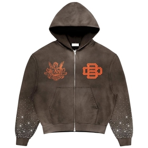 Sweat à capuche zippé pour homme, coupe ample, en coton premium de haute qualité 420 g/m², style streetwear personnalisé, orné de strass brillants. - Product Image 5
