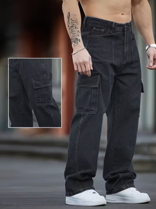 Men's Loose Fit Wide-Leg Pants Casual Style Multi-Pocket Design Washed Navy Blue Cargo Jeans Suitable for All Seasons Bangladesh - Product Image 3