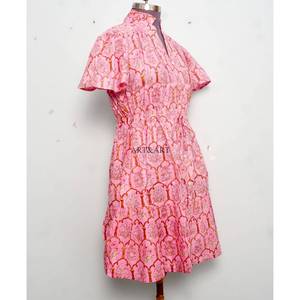 Women's mid-length soft pure Cotton <b>Dress</b> Hand Block Floral Print Minimalist Casual Party Wear Formal Bridesmaid Maxi <b>Dress</b> - Product Image 5