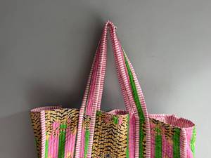 Sac fourre-tout en coton imprimé tigre rose et vert, motif à panneaux, ouverture supérieure, sac de shopping tendance, idéal pour l'été, CADEAU POUR ELLE - Product Image 4