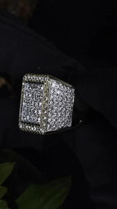 <b>Iced</b> Square <b>Ring</b> Moissanite Micro Diamond Sterling Silver Rhodium Plated Men's Cut Pave <b>Iced</b> <b>Ring</b> Unique Wedding Anniversary - Product Image 2