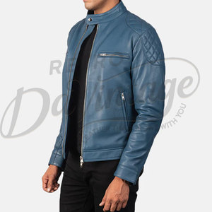 Veste en cuir bleu ardoise pour homme, matelassée losanges aux épaules, en véritable peau de mouton, coupe ajustée, automne-hiver, style décontracté, veste de motard - Product Image 1