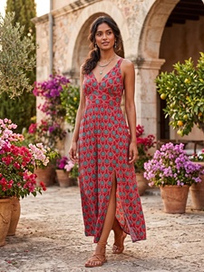 Vestido maxi bohemio sin mangas con cuello en V y abertura alta, estampado geométrico, de rayón tejido, corte A, cintura imperio, para uso diario de verano. - Product Image 6