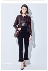 Chaqueta de Moto para Mujer, de Piel de Vaca, Cortavientos, Manga Larga, Cuello Alto, Cierre de Cremallera, Color Sólido, Estilo Invernal, Largo Regular - Product Image 2