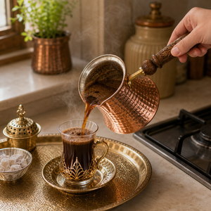Cafetière turque en cuivre faite à la main, Cezve Ibrik avec poignée en bois, design traditionnel, forme ronde, pour la préparation du café et du thé - Product Image 4