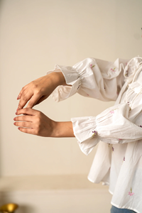 Sukoon <b>White</b> <b>Tie</b>-Front Embroidered Cotton <b>Top</b> for Women with Ruffle Neck | Long Sleeve Casual Summer Wear Wholesale Exporters - Product Image 5