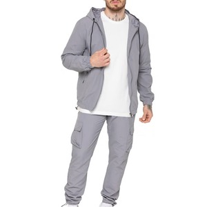Men <b>Lightweight</b> Hooded Tracksuit Solid Gray Full Zip Casual Pants Set Side Pockets Spring Outdoor Wear For Men - Product Image 3