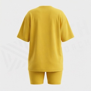 Ensemble 2 pièces pour femme, t-shirt à manches courtes en tricot jaune uni et short au-dessus du genou, col rond, coupe ample, décontracté, printemps-été - Product Image 2