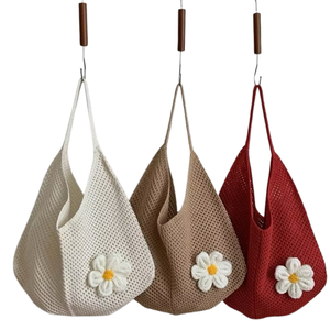 Bolso Tote Casual Bohemio de Moda para Mujer, Tejido a Crochet, con Decoración de Flores de Margarita, Cierre Abierto, Correa Única de Nailon, Ligero, para la Playa - Product Image 4