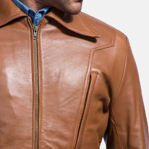 Men's Genuine Leather Jacket Turn-down Collar <b>Covered</b> <b>Button</b> Solid Color Autumn Wear Casual Style Regular Fit Customized Front - Product Image 3