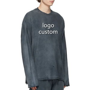 T-shirt personnalisé 100% coton lavé à manches longues, col rond, imprimé sérigraphié, vintage, effet vieilli pour homme, 300g - Product Image 5