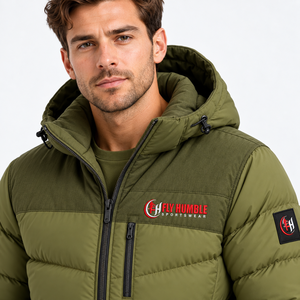 Men's Olive Green Hooded Puffer <b>Jacket</b> With Patch Design Windproof Winter Coat Regular Fit Zipper Closure Casual Style 2026 - Product Image 6