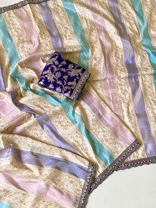 Sari jacquard teint à la main de qualité supérieure – Tissage lourd Jari Meenakari avec broderie et chemisier en dentelle - Product Image 2